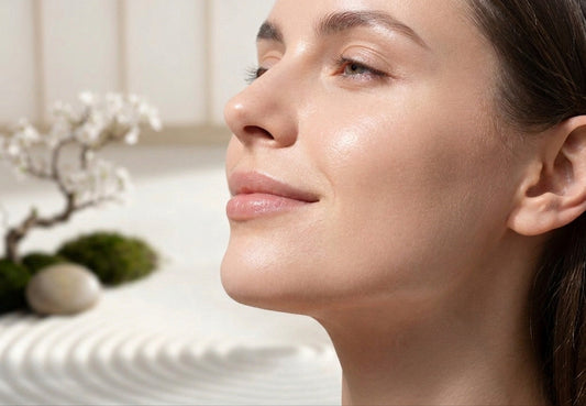 Woman with glowing, refreshed skin after a lymphatic drainage ritual to cure morning face puffiness.