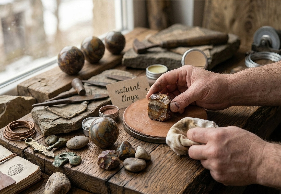 Hand-crafted natural Onyx Flow Spheres being polished by an artisan for ZenBody Pulse.