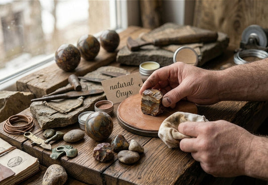 Hand-crafted natural Onyx Flow Spheres being polished by an artisan for ZenBody Pulse.