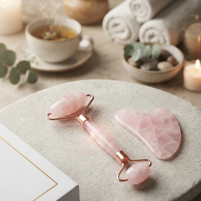 A pink rose quartz facial roller and matching heart-shaped gua sha massage tool arranged on a round stone tray, with spa props including a cup of tea, rolled towels, candles, and small bowls in the softly blurred background.