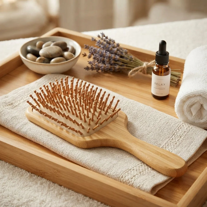 A wooden hairbrush with natural bristles rests on a folded cream towel inside a wooden tray, styled with a small amber dropper bottle, dried lavender, smooth stones, and a rolled white towel.