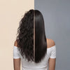 A woman shown from the back with a split-screen comparison of her hair texture: curly dark hair on the left and straight, glossy dark hair on the right. She is wearing a white off-the-shoulder top against a split beige and gray background.