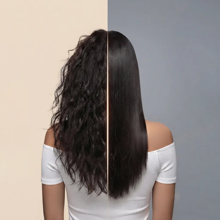 A woman shown from the back with a split-screen comparison of her hair texture: curly dark hair on the left and straight, glossy dark hair on the right. She is wearing a white off-the-shoulder top against a split beige and gray background.