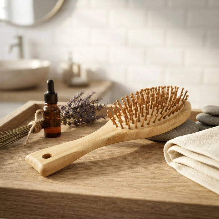 A light natural wood hairbrush with flexible bristles resting on a wooden bathroom counter, styled with a small amber dropper bottle, lavender sprigs, gray stones, and a folded cream towel in a softly blurred bathroom setting.