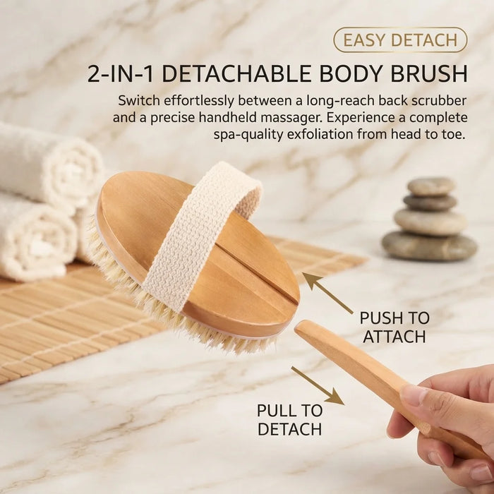 A 2-in-1 detachable body brush shown in a spa-like setting with overlaid text explaining its use. A hand is holding the detachable wooden massager attachment, and the main brush is angled above.