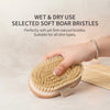 A hand holding a oval natural boar bristle hair brush with a light wood handle and textured strap, shown against a warm beige background with promotional text about wet and dry use and soft boar bristles.