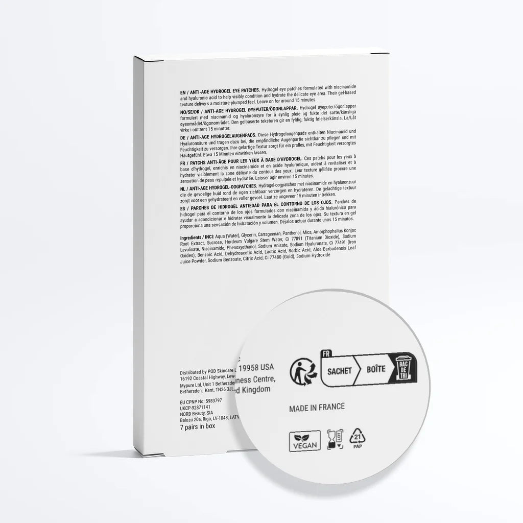 Back of a Sachet Böte product box with dense black text on a white background, shown next to a matching white circular insert or disc with printed logos and text including 'MADE IN FRANCE' and 'VEGAN'.