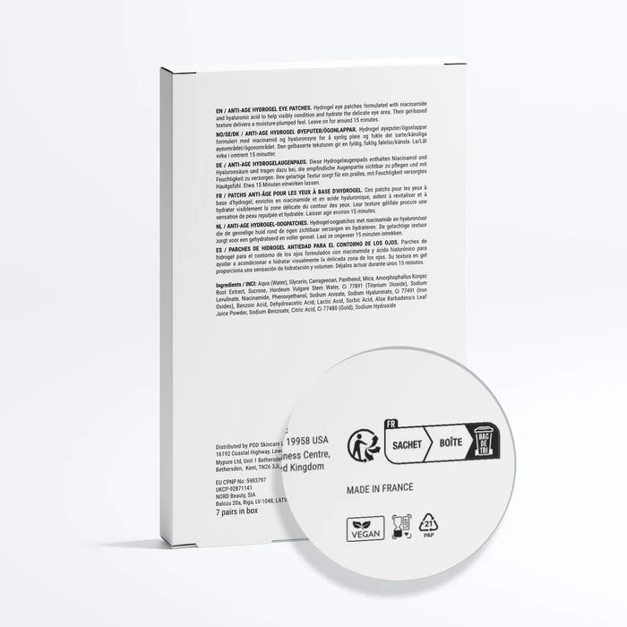 Back of a Sachet Böte product box with dense black text on a white background, shown next to a matching white circular insert or disc with printed logos and text including 'MADE IN FRANCE' and 'VEGAN'.