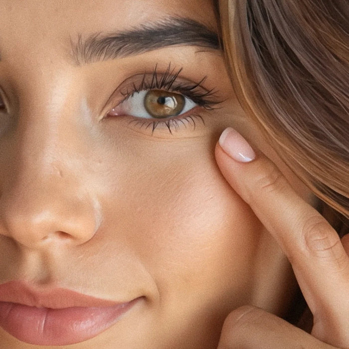Close-up of a woman's face showing long, dark, and well-defined eyelashes, with her finger gently touching her cheek.