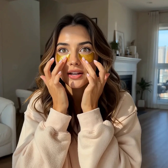 A woman with wavy brown hair wearing a beige sweatshirt applies a yellow eye patch gel to her eyes in a brightly lit living room.