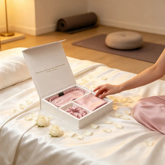 A white gift box opened on a bed with satin sheets, containing a pink satin sleep mask, a folded pink item, and a pink scrunchie. A person's arm and hand are reaching toward the box, with a softly lit bedroom background and scattered rose petals.