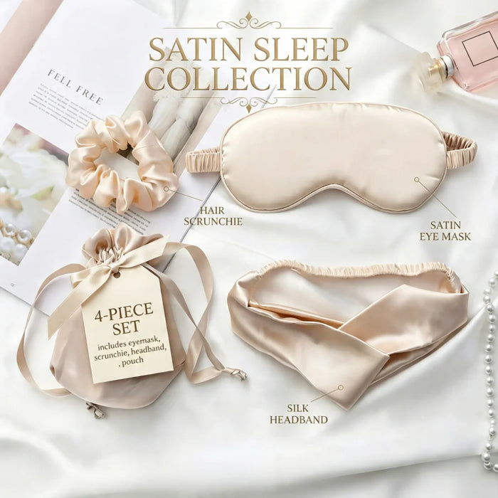 A satin sleep set arranged on white fabric with text labels identifying the components: a satin sleep mask, satin eye scrunchie, silk headband, and a small pouch with a tag reading '4-PIECE SET.' A perfume bottle and magazine are partially visible as styling props.