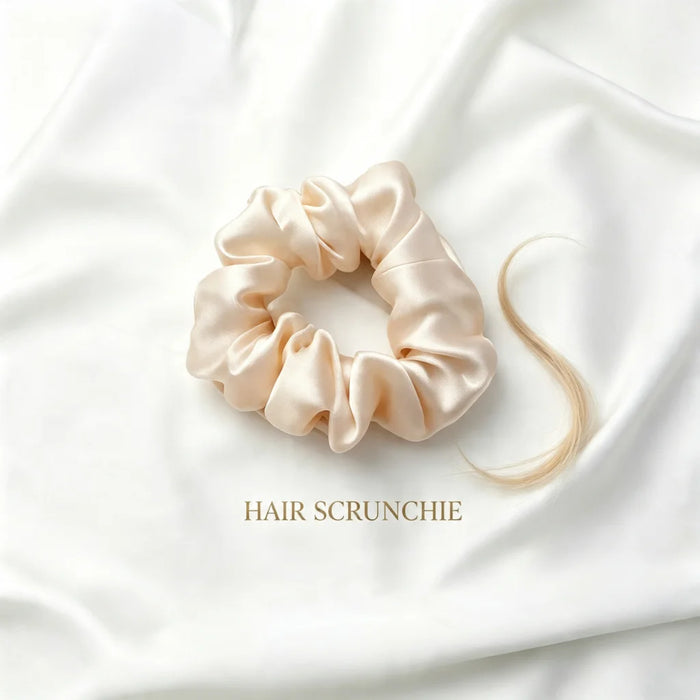 A satin hair scrunchie in a light champagne beige color, displayed on a draped white fabric background with a small section of blonde hair next to it and the text 'HAIR SCRUNCHIE' printed below.