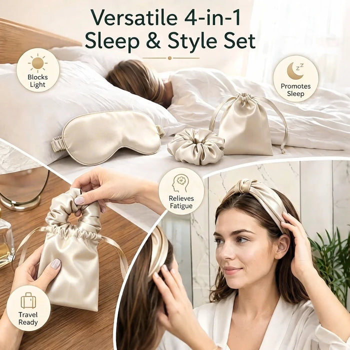 A collage showing a sleep and style set: a satin sleep mask on a bed, a satin drawstring bag, a satin scrunchie, and a matching satin headband worn by a woman. Text reads 'Versatile 4-in-1 Sleep & Style Set' with callout circles noting benefits like blocking light, promoting sleep, relieving fatigue, and travel readiness.