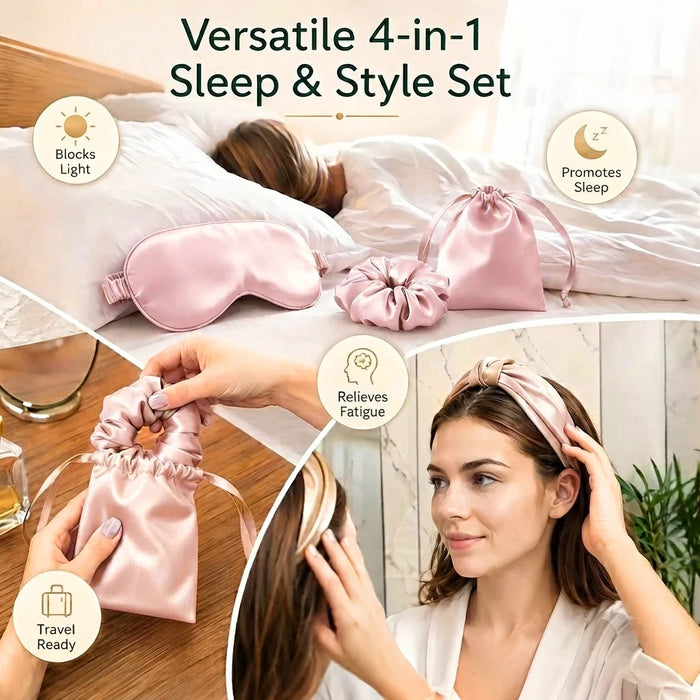 A collage showing a pink sleep and style set: a satin eye mask on a bed, a drawstring bag, a scrunchie, and a matching headband worn by a woman. Text reads 'Versatile 4-in-1 Sleep & Style Set' with callout icons for blocking light, promoting sleep, relieving fatigue, and travel readiness.