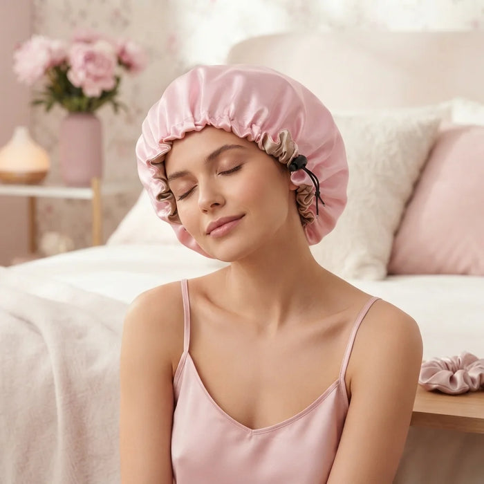 A woman wearing a satin pink bonnet with a small floral accent and black elastic band, sitting in a softly lit bedroom setting.