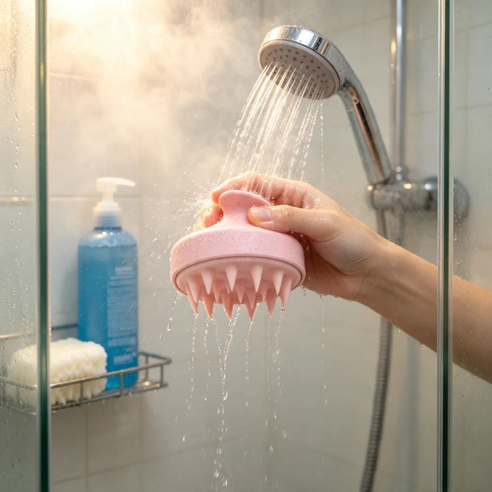 A hand holding a pink silicone scalp massage brush under a shower head in a glass shower enclosure, with water running over it.