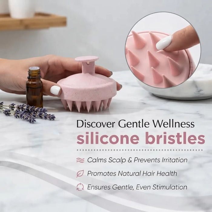 A pink silicone scalp massager brush with soft bristles is shown being held by a hand on a marble countertop, with a circular inset showing a finger pressing one of the silicone spikes. Text on the image reads 'Discover Gentle Wellness silicone bristles' with benefits listed below.