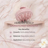 A pink silicone scalp massager with spiky bristles, shown on a soft marble-style background with promotional text reading 'HEALTHY SCALP UNMATCHED GROWTH' and benefit points about follicle stimulation, sebum regulation, and scalp nourishment.