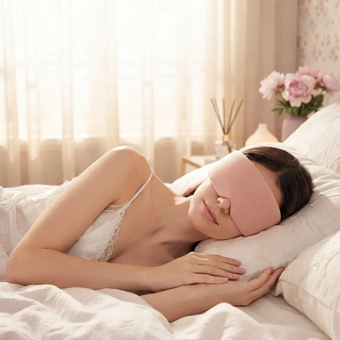 A woman sleeping peacefully on a bed, wearing a soft pink sleep mask and a white lace-trimmed camisole. The bedroom is softly lit by warm sunlight filtering through sheer curtains, with a vase of pink flowers in the background.