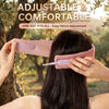 A woman outdoors wearing a pink adjustable velcro hair headband, with hands demonstrating the easy fastening. Large text at the top reads 'ADJUSTABLE & COMFORTABLE' with supporting copy about one size fitting all and easy velcro adjustment.