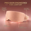 A sleep mask shown on a warm pink-brown gradient background with callout text highlighting features such as the ergonomic U-shaped nose bridge, adjustable velcro strap, smooth curved edges, and extended coverage design.
