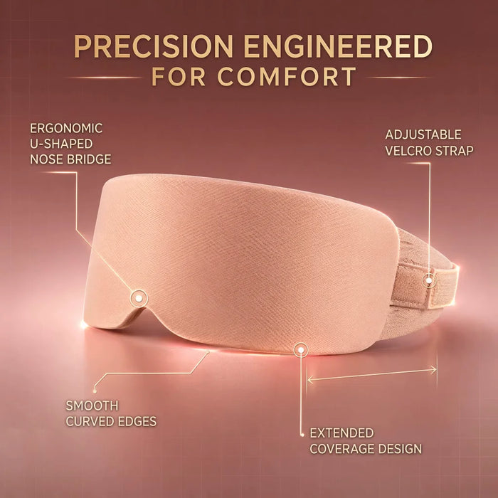 A sleep mask shown on a warm pink-brown gradient background with callout text highlighting features such as the ergonomic U-shaped nose bridge, adjustable velcro strap, smooth curved edges, and extended coverage design.
