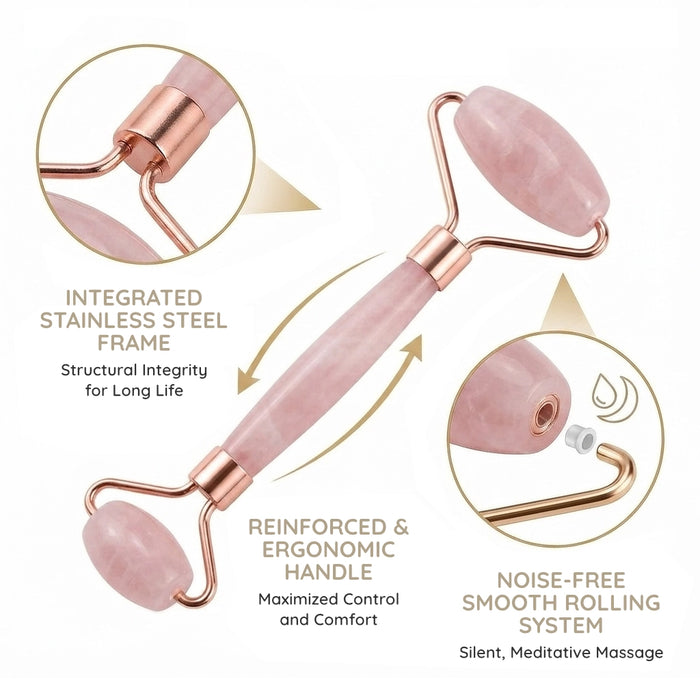 Rose gold and pink jade roller massage tool with three circular detail callouts showing the integrated stainless steel frame, reinforced ergonomic handle, and noise-free smooth rolling system, on a white background with descriptive text.