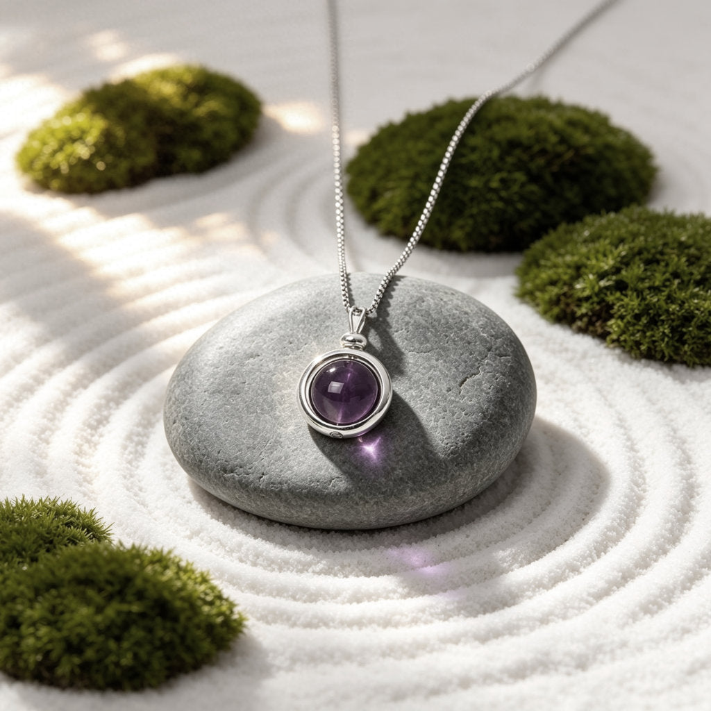 Natural purple Amethyst crystal sphere necklace by ZenPulse™, symbolizing clarity and spiritual alignment.