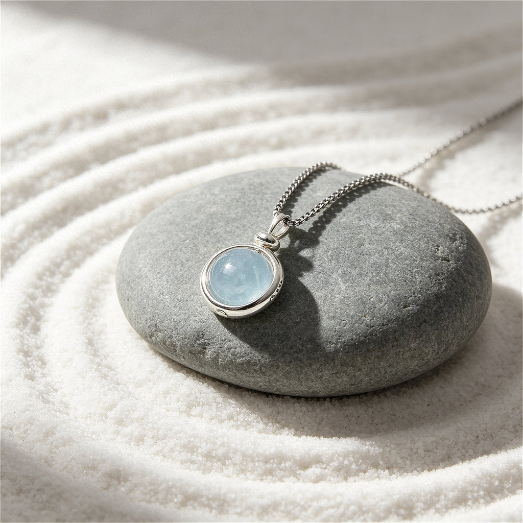 Clear pale-blue natural Aquamarine stone necklace, reflecting calm energy and mental clarity.