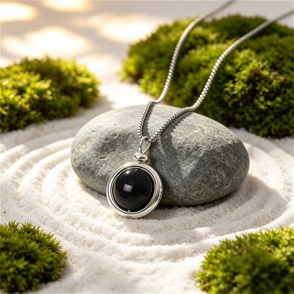 Polished natural Black Agate sphere necklace, a timeless piece for grounding and masculine protection.