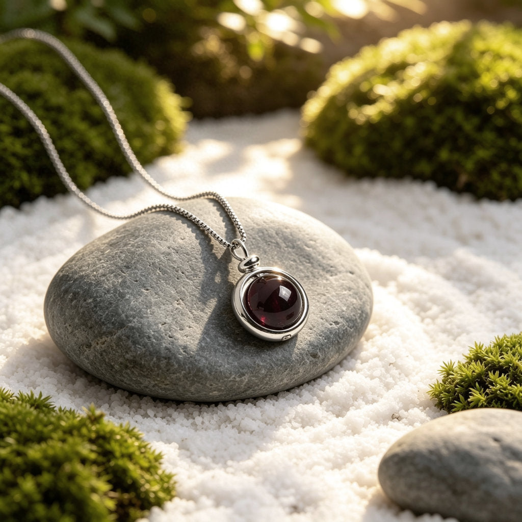 Deep red natural Garnet stone necklace, handcrafted for the ZenPulse™ alignment collection.