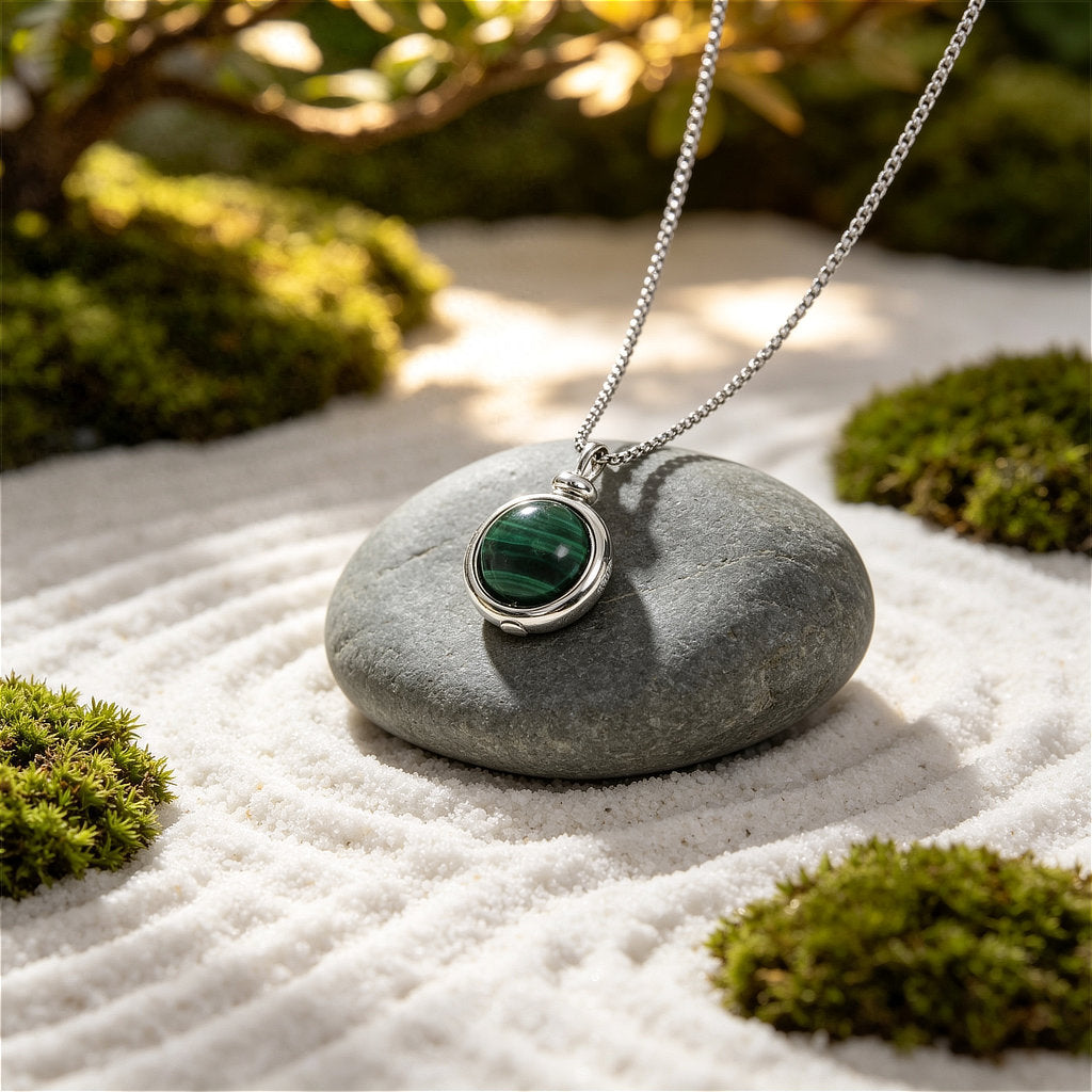 Striking green Malachite stone necklace with natural banded patterns, symbolizing transformation and growth.