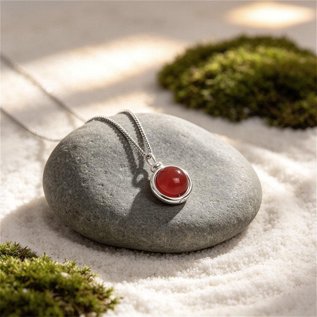 Vibrant Red Agate crystal sphere necklace, handcrafted for the ZenPulse™ wearable energy collection.