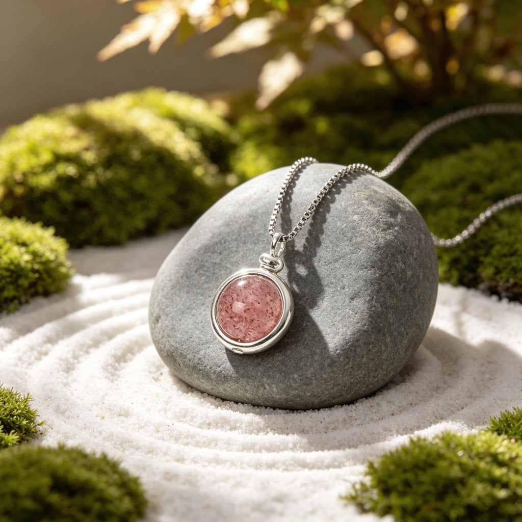 Unique Strawberry Quartz crystal necklace with natural speckled patterns, part of the ZenPulse™ energy line.