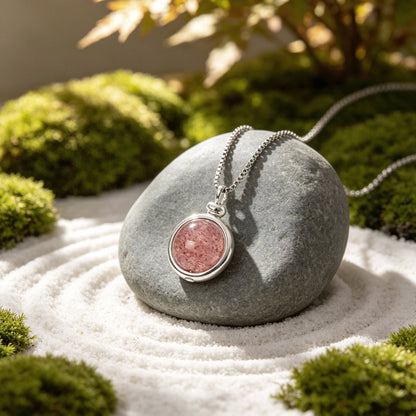 Unique Strawberry Quartz crystal necklace with natural speckled patterns, part of the ZenPulse™ energy line.