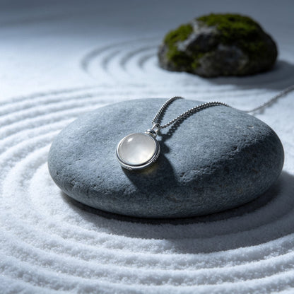 Luminous White Moonlight stone sphere necklace set in sterling silver for a clean, minimalist zen style.