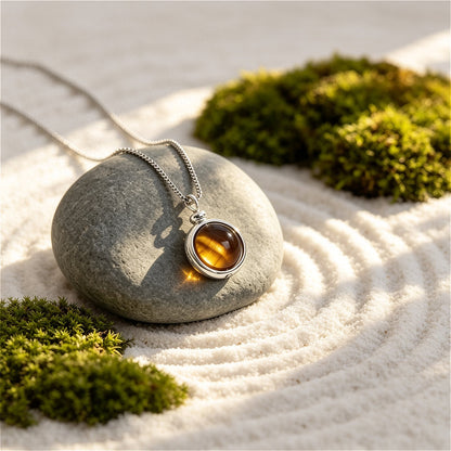 Golden-brown Tiger Eye stone necklace with natural chatoyancy, promoting courage and inner strength.
