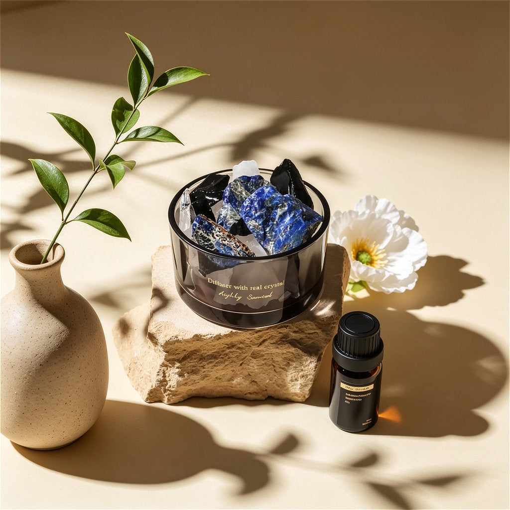 The ZenPulse Luminous Crystal Diffuser Blue Wind Chimes variant, featuring raw deep blue Sodalite and black crystals in a smoked glass bowl. The aromatherapy set is arranged on a rustic tan stone with a minimalist beige vase, a white flower, and an essential oil bottle, captured with elegant leaf shadows in a bright, calm setting.