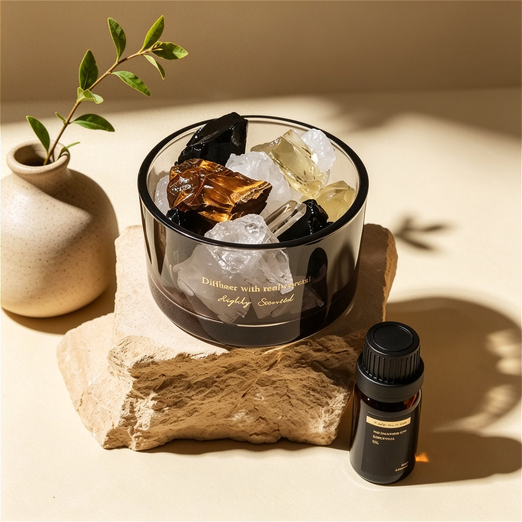 The ZenPulse Luminous Crystal Diffuser British Pear Freesia variant, featuring a mix of raw Tiger's Eye, Citrine, and clear crystals in a dark glass bowl. The set is beautifully arranged on a rustic stone base next to a minimalist ceramic vase and an essential oil bottle, captured in warm, directional sunlight.