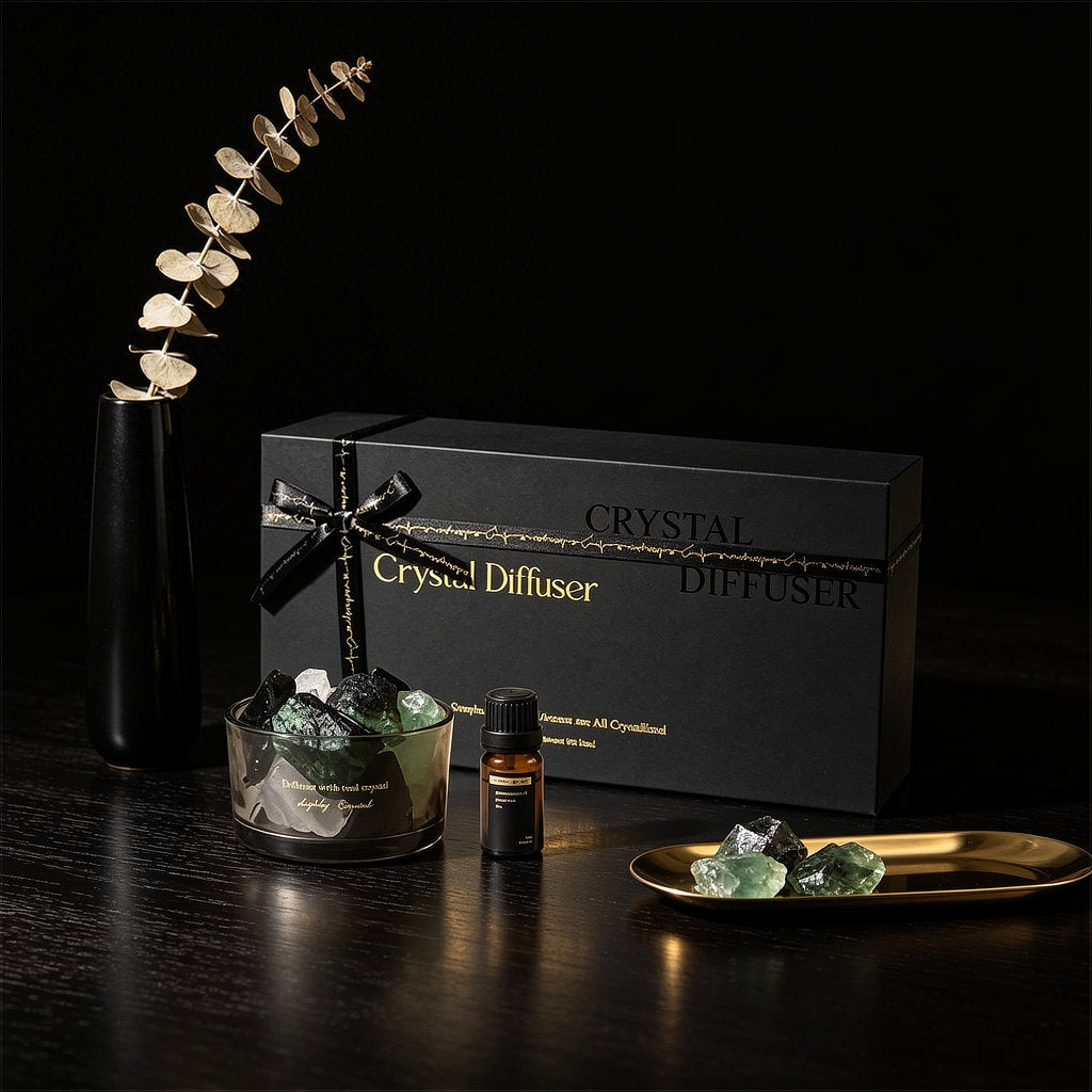 A premium gift set of the ZenPulse Luminous Crystal Diffuser in the Hilton Garden variant. The image shows a sleek matte black gift box with gold lettering and a ribbon, alongside the glass diffuser bowl with green crystals, an essential oil bottle, and a gold decorative tray on a dark wooden surface.
