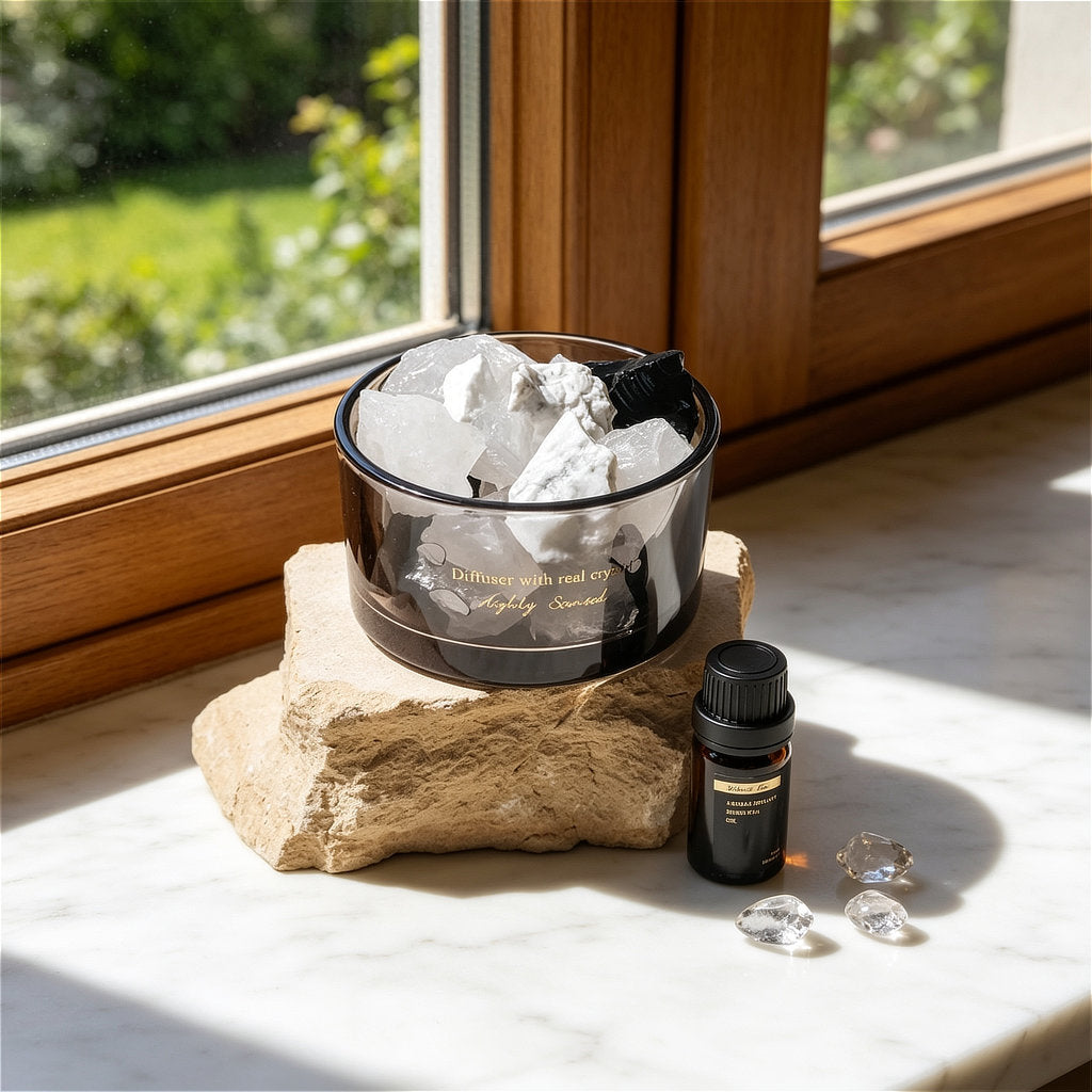 The ZenPulse Luminous Crystal Diffuser Westin White Tea variant, featuring raw clear quartz and white Howlite stones in a smoked glass bowl. The diffuser is placed on a natural rock pedestal on a marble windowsill, with sunlight streaming through a wooden window frame, highlighting the pure and clean aesthetic of the set.
