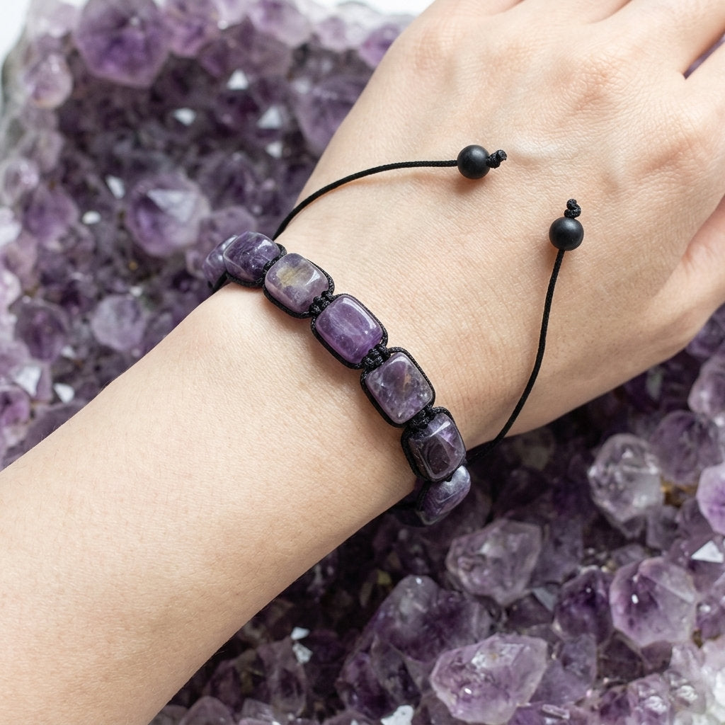 A lifestyle close-up of a person wearing the ZenPulse Deep Serenity bracelet, featuring polished rectangular Amethyst stones hand-woven on a black adjustable cord. The wrist is positioned over a large cluster of raw purple amethyst crystals, showcasing the elegant fit and the natural beauty of the minerals.