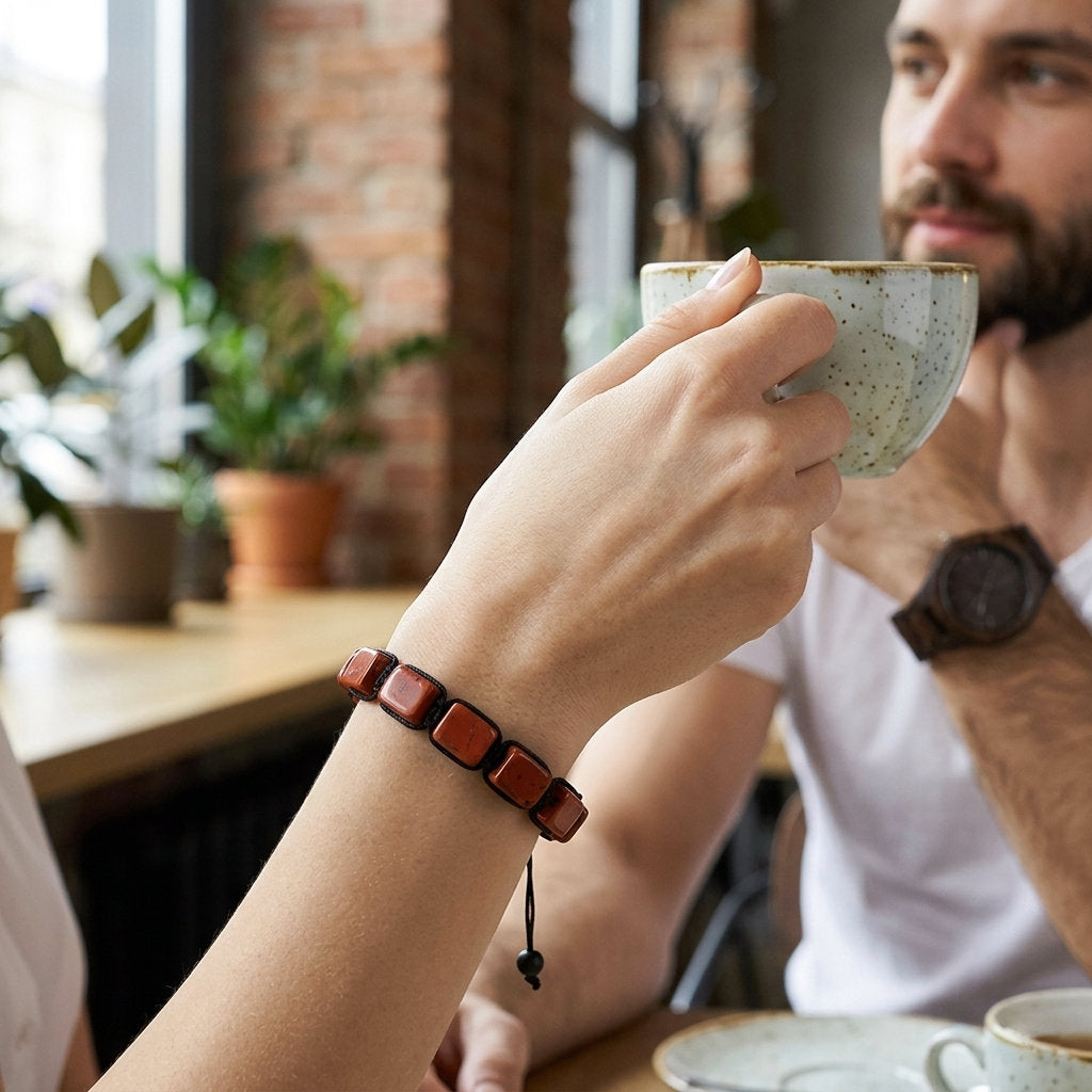 A lifestyle photo of a person wearing the ZenPulse Earth Anchor bracelet, featuring polished Red Jasper gemstone pillars. The person is holding a coffee cup in a cafe setting, showcasing the bracelet's versatile and modern look for daily wear.