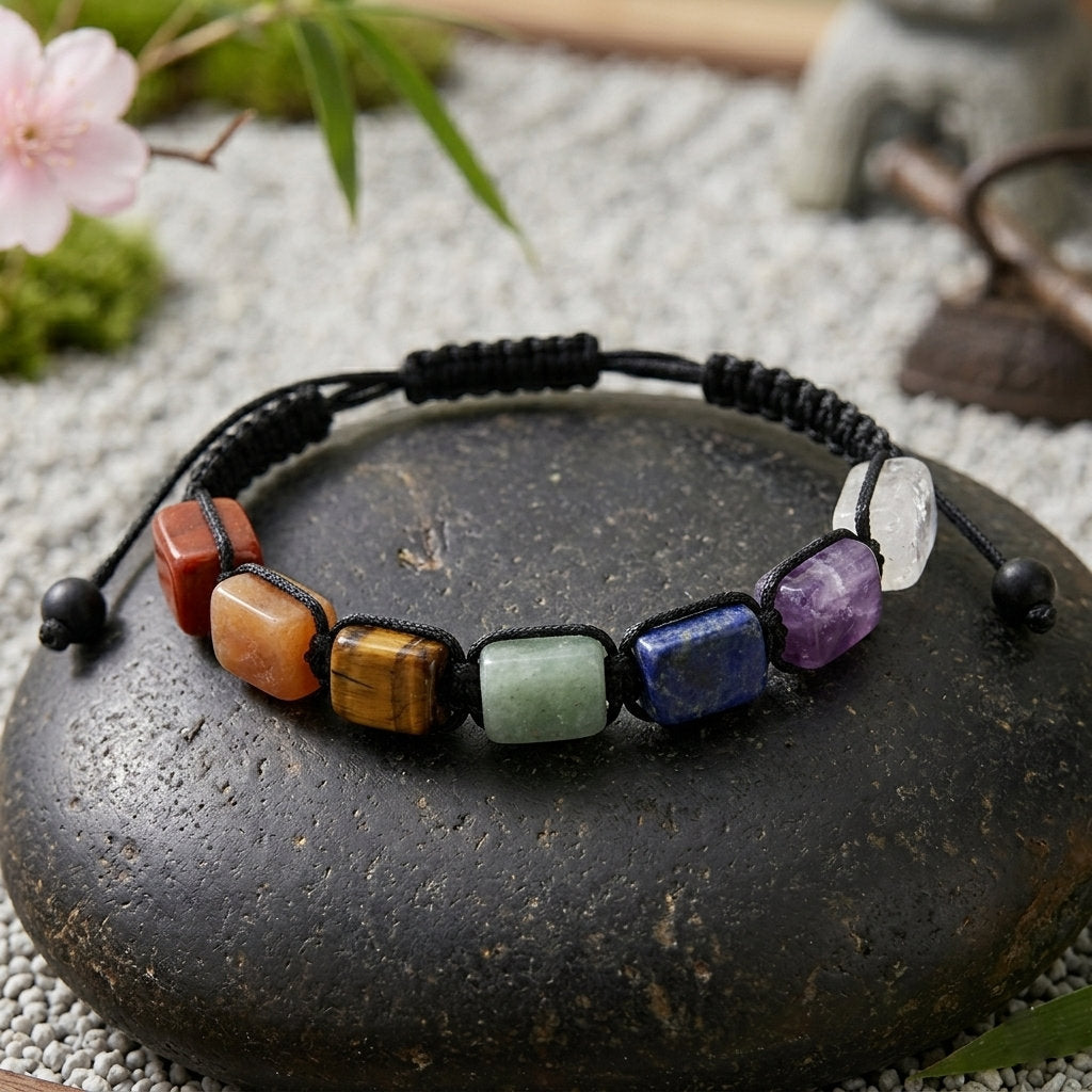 A hand-woven adjustable bracelet featuring a harmonious row of seven different polished rectangular gemstones, including Tiger Eye, Amethyst, and Lapis Lazuli. The Daily Balance model is displayed on a smooth dark river stone in a serene Zen garden setting with soft cherry blossoms in the background.