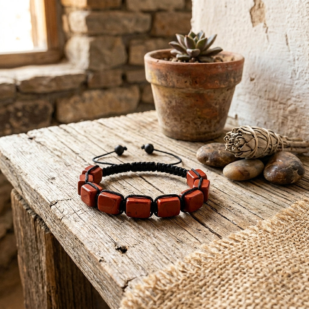A hand-woven adjustable bracelet featuring polished rectangular Red Jasper gemstone pillars from the ZenPulse Element Collection. The Earth Anchor model is showcased on a weathered rustic wooden table next to a potted succulent and stones, highlighting its deep terracotta tones and natural texture.
