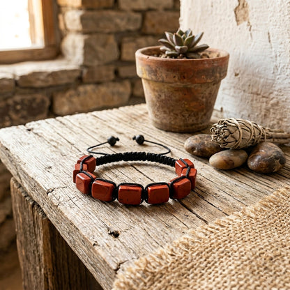 A hand-woven adjustable bracelet featuring polished rectangular Red Jasper gemstone pillars from the ZenPulse Element Collection. The Earth Anchor model is showcased on a weathered rustic wooden table next to a potted succulent and stones, highlighting its deep terracotta tones and natural texture.