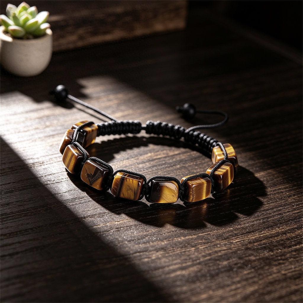A hand-woven adjustable bracelet featuring polished rectangular Tiger Eye gemstone pillars from the ZenPulse Element Collection. The Focus & Willpower model is showcased on a dark wooden surface under dramatic natural lighting, highlighting the golden-brown chatoyancy and unique banded textures of the stones.
