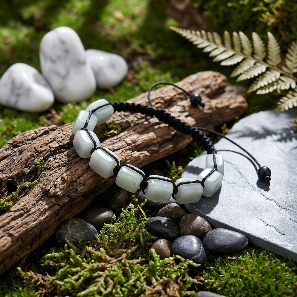 A hand-woven adjustable bracelet featuring polished rectangular Green Aventurine gemstone pillars from the ZenPulse Element Collection. The Pure Calm model is displayed in a lush natural setting on a piece of bark and moss, surrounded by smooth river stones and a fern leaf, highlighting its soft mint-green translucent tones.