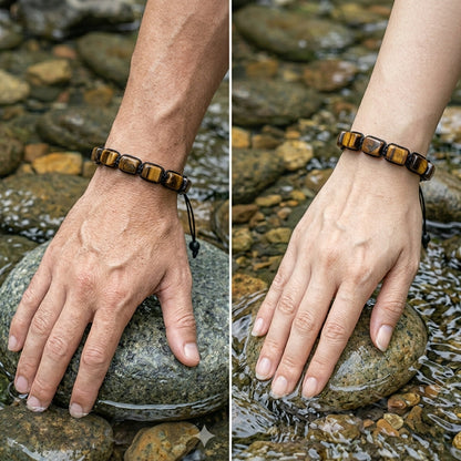 A split-screen lifestyle photo showing the ZenPulse Focus & Willpower bracelet on both a man's and a woman's wrist. The hand-woven Tiger Eye gemstone pillars are displayed in a natural outdoor setting, with hands resting on river stones in flowing water to highlight the durable and versatile design.